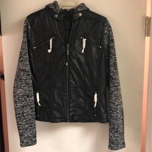 Zip up leather jacket with sweatshirt sleeves/hood